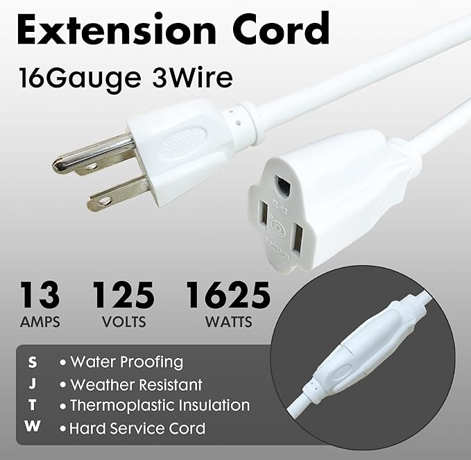 6ft White Outdoor Extension Cord Waterproof, UL Listed, 16/3 SJTW Heavy Duty 3 Prong, 16 Gauge 13A Power Cord Ideal for Indoor Outdoor Lights, Appliances, and Lawn