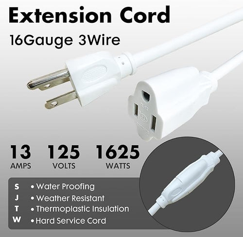 12ft White Outdoor Extension Cord Waterproof, UL Listed, 16/3 SJTW Heavy Duty 3 Prong, 16 Gauge 13A Power Cord Ideal for Indoor Outdoor Lights, Appliances, and Lawn