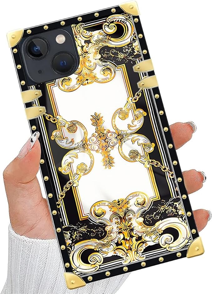 Compatible with iPhone 13 Case, Gold Grain Flowers Luxury Golden Decoration for Girl Women Soft TPU Shockproof Protective Hard PC Back for iPhone 13
