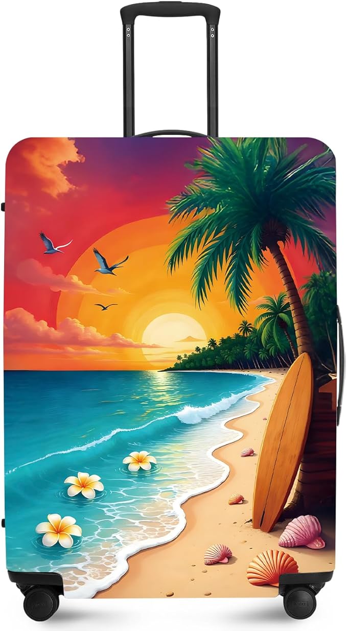 ANNA QUEEN Tropical Sunset Beach Luggage Cover,Stretchable Suitcase Protector Sleeve,Fit for 32-34 Inch Checked Baggage,Water Resistant & Durable Luggage Protector