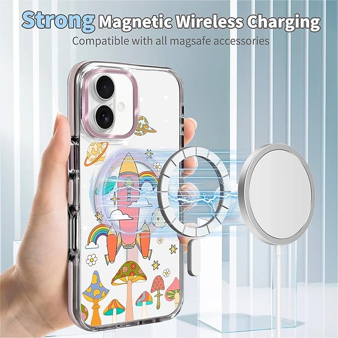 Case for iPhone 16 Plus,[Compatible with MagSafe],Spaceship Mushroom Phone Case Design，for Women Girls Magnetic Clear Cover - Slim, Sleek, & Shockproof Protection