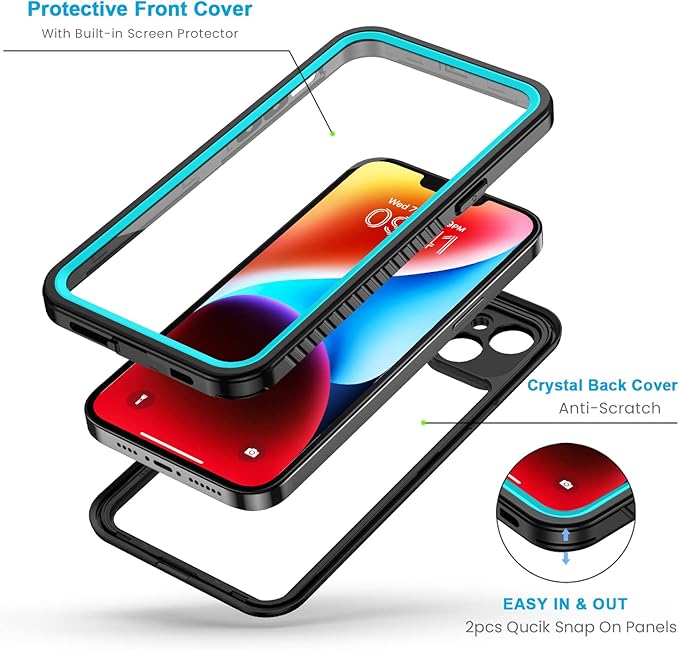 Lanhiem for iPhone 14 Plus Case, IP68 Waterproof Dustproof Shockproof with Built-in Screen Protector, Full Body Protective Cover for iPhone 14 Plus - 6.7 inch (Blue)