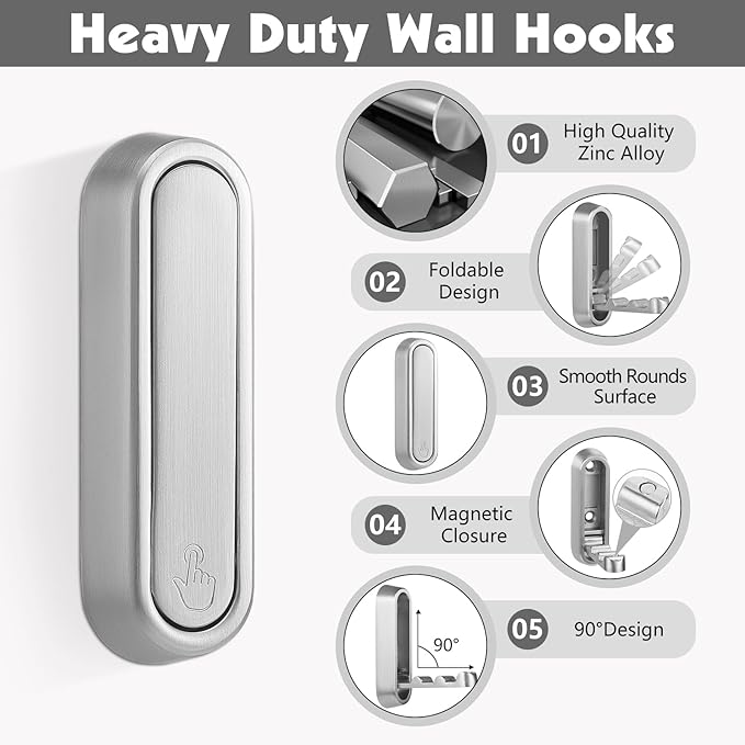 Dntorx Folding Coat Hooks, 4 Pcs Foldable Silver Wall Hooks Heavy Duty Foldable Hook Bathroom Towel Hooks Robe Hooks Wall Mounted for Hanging Coat Towels Clothes Hat Bags Keys