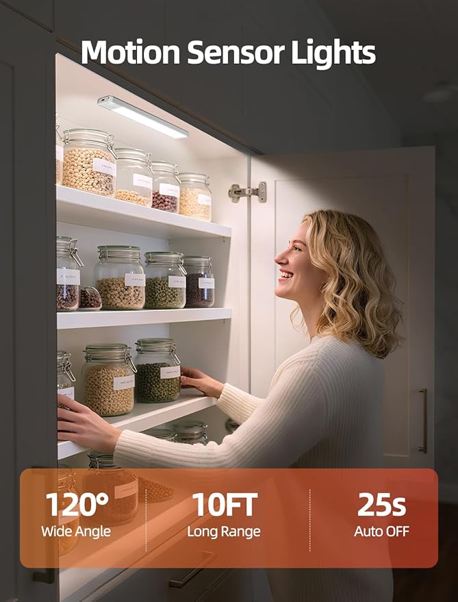 Under Cabinet Motion Sensor Lighting: Dimmable Rechargeable Lights Indoor - Battery Operated Lights - Undercabinet Wireless Closet Light Magnetic Led Light for Kitchen Home Bathroom Counter 5 Pack