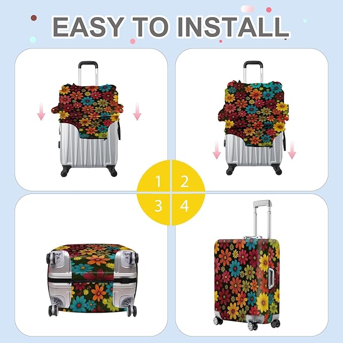ANNA QUEEN Colorful Flower Luggage Cover, Retro Floral Suitcase Protector, Stretchable Washable Cover for 32-34 Inch Luggage