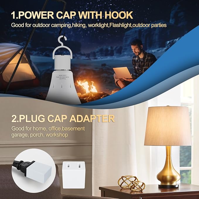 6 Pack Rechargeable Emergency Lights Blubs,Battery Powered Light Bulb 9W 60W Equivalent Backup Light Bulb with Portable Hook，4Pack WhiteLight Bulbs + 2Pack WarmLight Bulbs