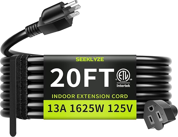 16/3 Black 20 FT Extension Cord, Indoor Extension Cord for Laptops, Coffee Makers, Office Home Appliances, 3 Prong Resistant Cable Flexible, 13A 125V 1625W ETL Listed