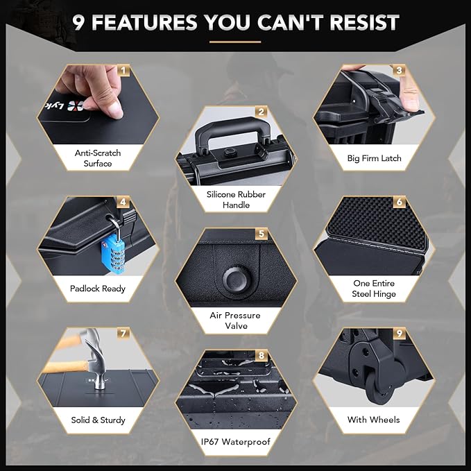 Lykus HC-5120 Waterproof Hard Case with Wheels and Customizable Foam, Interior Size 20.3x11.3x7.3 inch, Suitable for camera, lens, drone, mic, flashlight, projector, electronics, tools, and more