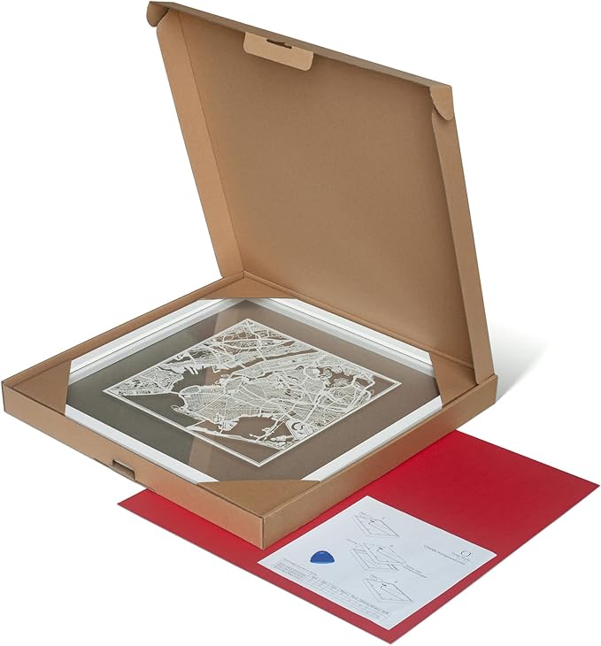 Washington D.C.s Cut Map framed by O3 Design Studio, White map, White frame, 18x18 inches, paper cutting art work, Gift Boxed, 4 background color, self-changing, Wall Art