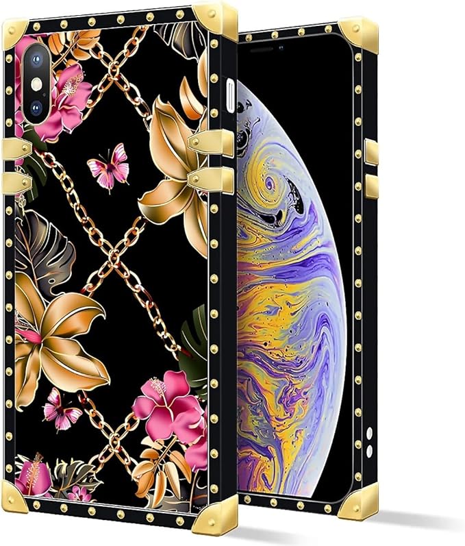 Compatible with iPhone XR Case, Pink Golden Chain Tropical Flower Luxury Golden Decoration for Girl Women Soft TPU Shockproof Protective Hard PC Back for iPhone XR