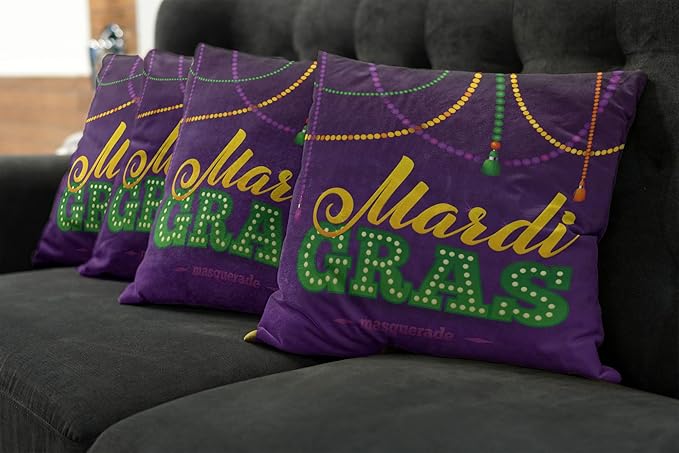 Ambesonne Mardi Gras Throw Pillow Cushion Case Pack of 4, Beads and Tassels Masquerade Theme Calligraphy Design Fun Print, Modern Accent Double-Sided Digital Printing, 16", Purple Marigold