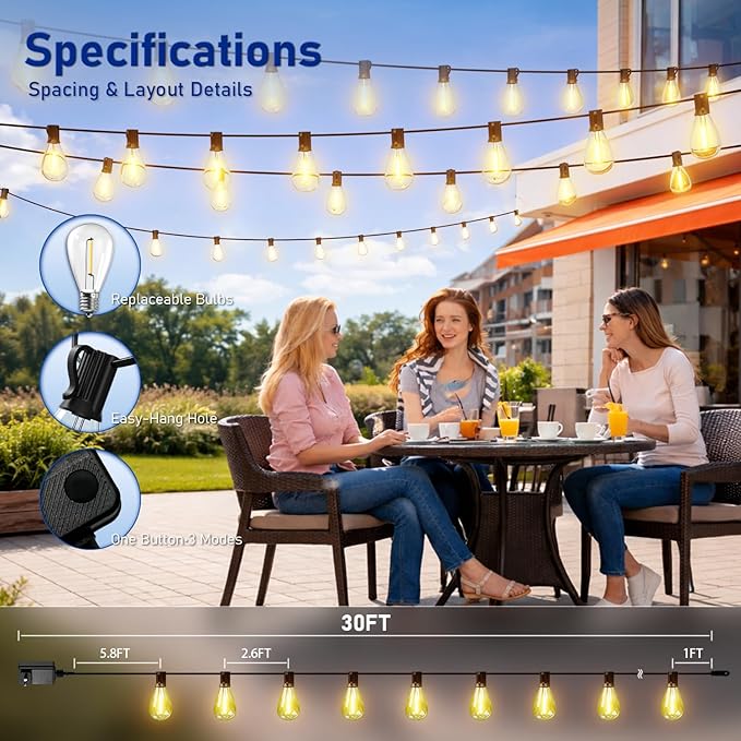 30FT LED Outdoor String Lights with Remote, One Continuous Strand Patio Lights with 10+1 Shatterproof S11 Bulbs, Dimmable 2200K Warm White, Timer & 3 Modes, Low Voltage for Backyard Garden