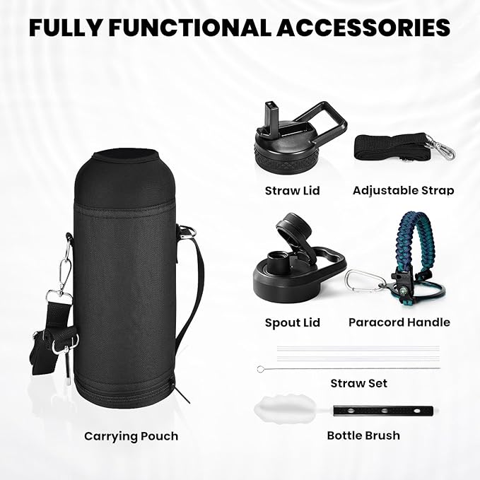 RAYMYLO Insulated Water Bottle 40 oz, Triple Wall Vacuum Stainless Steel (Cold for 36Hrs, Hot for 18Hrs), Leak Proof & Non-BPA, Modern Water Flask Jug with Paracord Handle & Straw Spout Lids