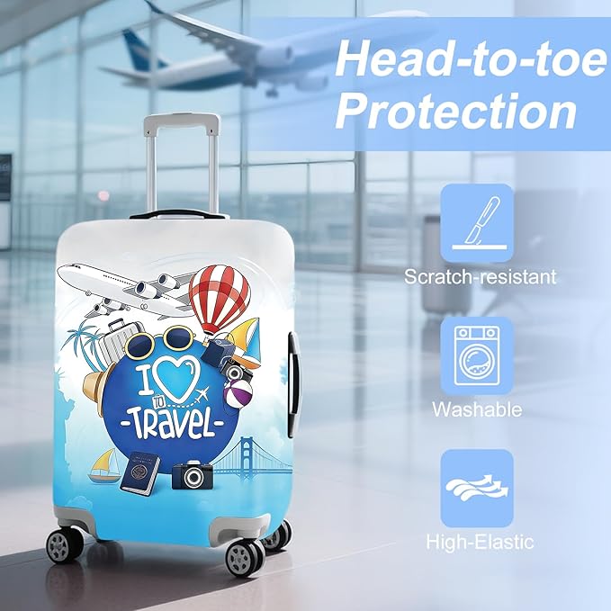 ANNA QUEEN I Love Travel Themed Luggage Cover,Stretchable Suitcase Protector Sleeve,Fit for 24-26 Inch Checked Baggage,Water Resistant & Durable Luggage Protector