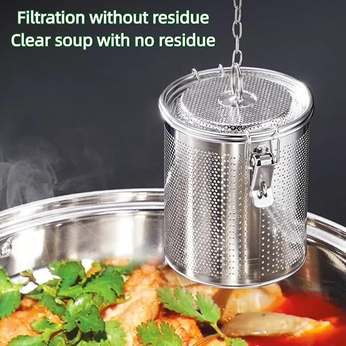 Stainless steel cylindrical seasoning filter, Multi purpose spice filter, Mesh Design Tea Ball Strainer Soup Seasonings Seperation Basket Filter with Chain Hook for Home Restaurant (10*11 CM/0.863L)
