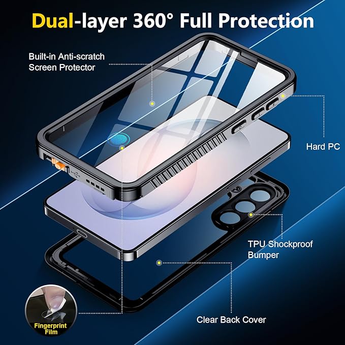 SPIDERCASE Designed for Samsung Galaxy S26 Case Waterproof,Built-in Screen & Camera Lens Protector[IP68 Underwater] [Military Grade Shockproof] Full Body Protection Phone Case,Black/Clear
