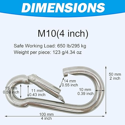 304 Stainless Steel Carabiners -4 inch Heavy Duty, Durable & Rust-Free Clips for Gym, Swing, Dog Leashes, Hammocks, Keychains, and More(304,M10,Pack of 2)