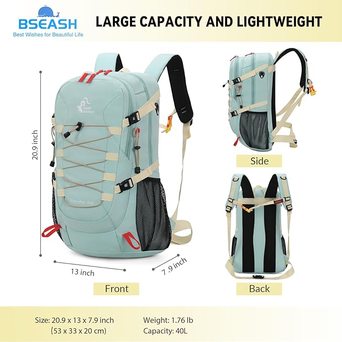 Bseash 40L Waterproof Hiking Backpack with Rain Cover, Outdoor Sport Travel Bag Daypack for Camping Climbing Skiing Cycling (Violet)
