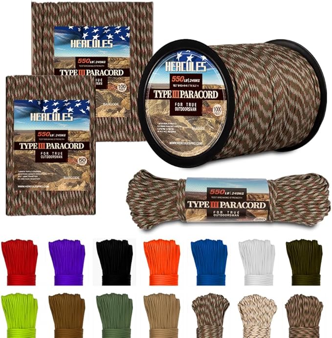HERCULES Type III Paracord 550 Paracord Rope Parachute Cord, 250' Camo for Survival Rope, Survival Cord