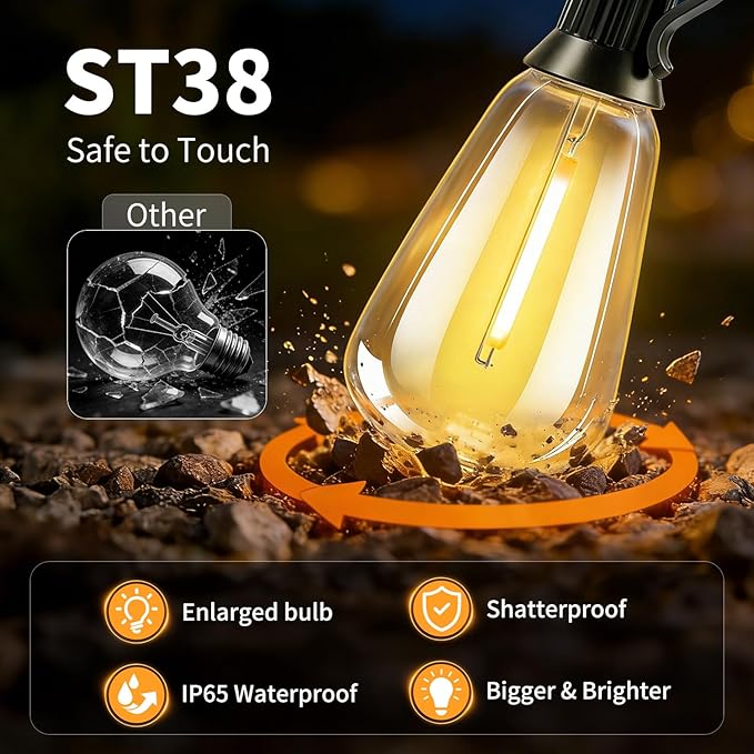 Solar Lights Outdoor Waterproof: ST38 50FT 15M Shatterproof Bulbs Patio Lights - Solar Powered & USB Charging- Remote Control 3 Light Modes Dimmable Solar Light - Camping Backyard Garden