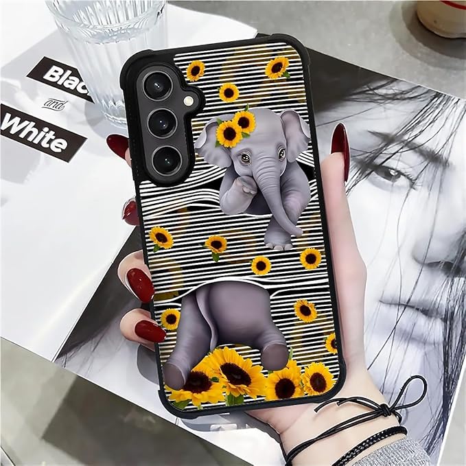 for Samsung Galaxy S23 FE Case, Cute Little Elephant Sunflower White Line Art Pattern Graphic Design Soft Silicone Hard Acrylic Shock Protection for Samsung Galaxy S23 FE