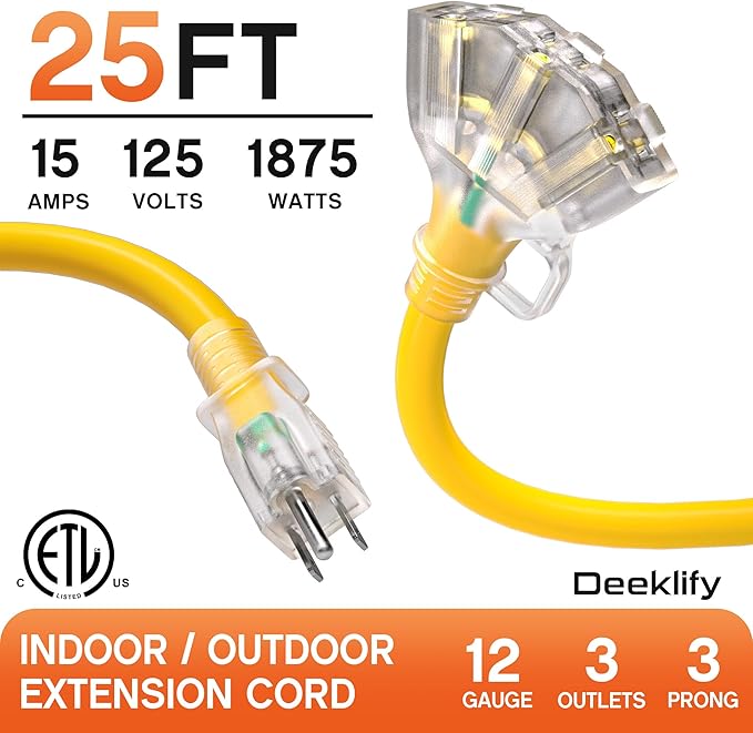 25 ft 12 Gauge Heavy Duty 3 Outlet Extension Cord Splitter with Indicator, Waterproof Outdoor Extension Cord with Multiple Outlets, 15A 1875W for Garden, ETL Listed, Flexible Yellow SJTW