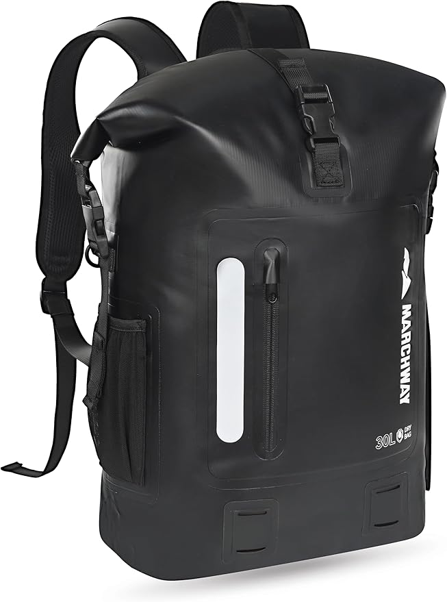 MARCHWAY Roll Top Waterproof Backpack, Floating Dry Bag 20L/30L/45L with Ergonomic Rectangular Base, Cushioned Back, Hip Strap for Hiking Camping Kayaking Travel (Black, 30L)