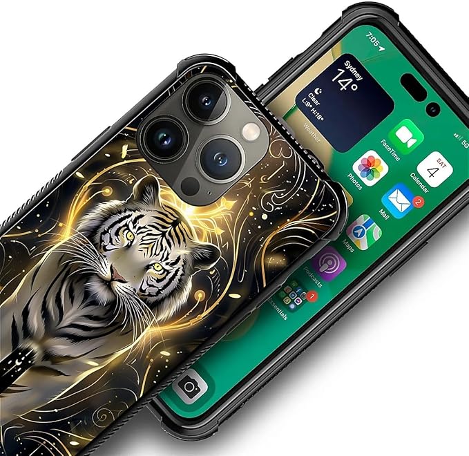 for iPhone 13 Pro Case, White Tiger Golden Mystery Pattern Graphic Design Girl Boy Soft Silicone Hard Acrylic Shock Protection for iPhone 13 Pro