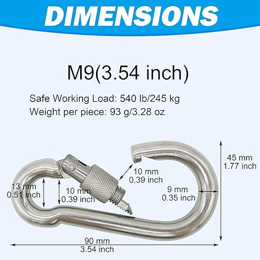 304 Stainless Steel Carabiners -3.54 inch Heavy Duty, Durable & Rust-Free Clips for Gym, Swing, Dog Leashes, Hammocks, Keychains, and More(304,M9 with Screw,Pack of 2)
