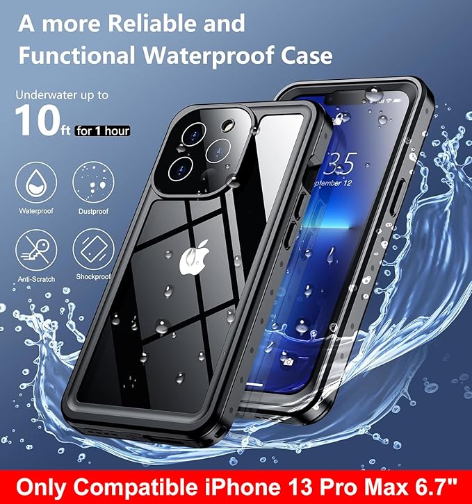 SPIDERCASE Only Designed for iPhone 13 Pro Max Case Waterproof, Built-in Lens & Screen Protector, Full Heavy Duty Protection, 12FT Military Shockproof, Dustproof, Anti-Scratched Phone Case,Black