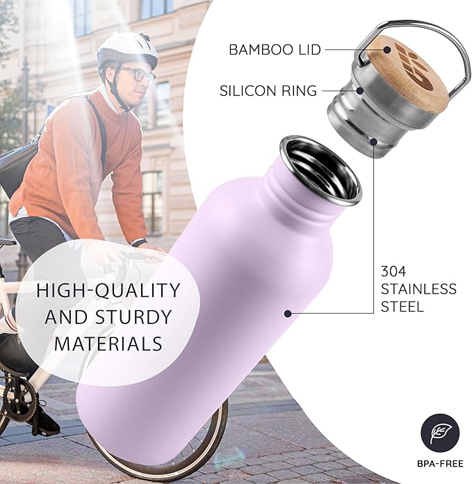 Bambaw Metal Water Bottle 16 oz, Lavender Water Bottle with Handle, Stainless Water Bottle Non Insulated, Small Water Bottle, Purple Water Bottle for Women, Metal Water Bottle – Lavender Haze