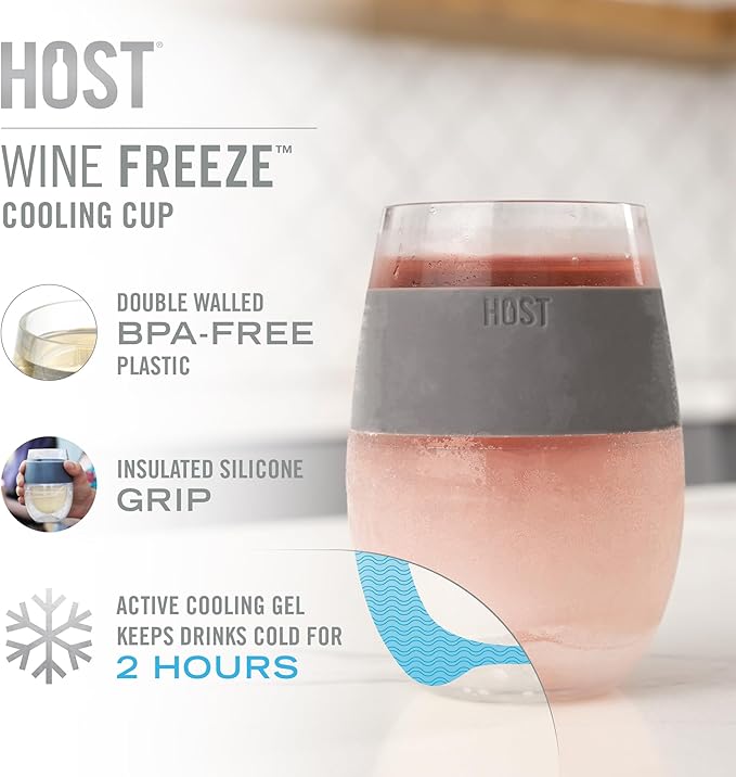 HOST Wine Freeze Cooling Cup, Plastic Double Wall Insulated Freezable Drink Chilling Tumbler with Freezing Gel Wine Glasses for Red and White Wine, Set of 1, 8.5 oz, Pink