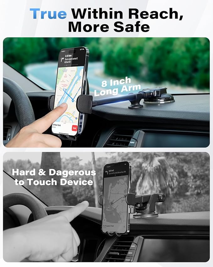 1Zero Solid Car Truck Phone Mount Holder with Thick Gooseneck Long Arm, Windshield Window Mobile Holders w/Industrial-Strength Suction Cup, Anti-Shake Stabilizer Compatible All Cell Phones, Black