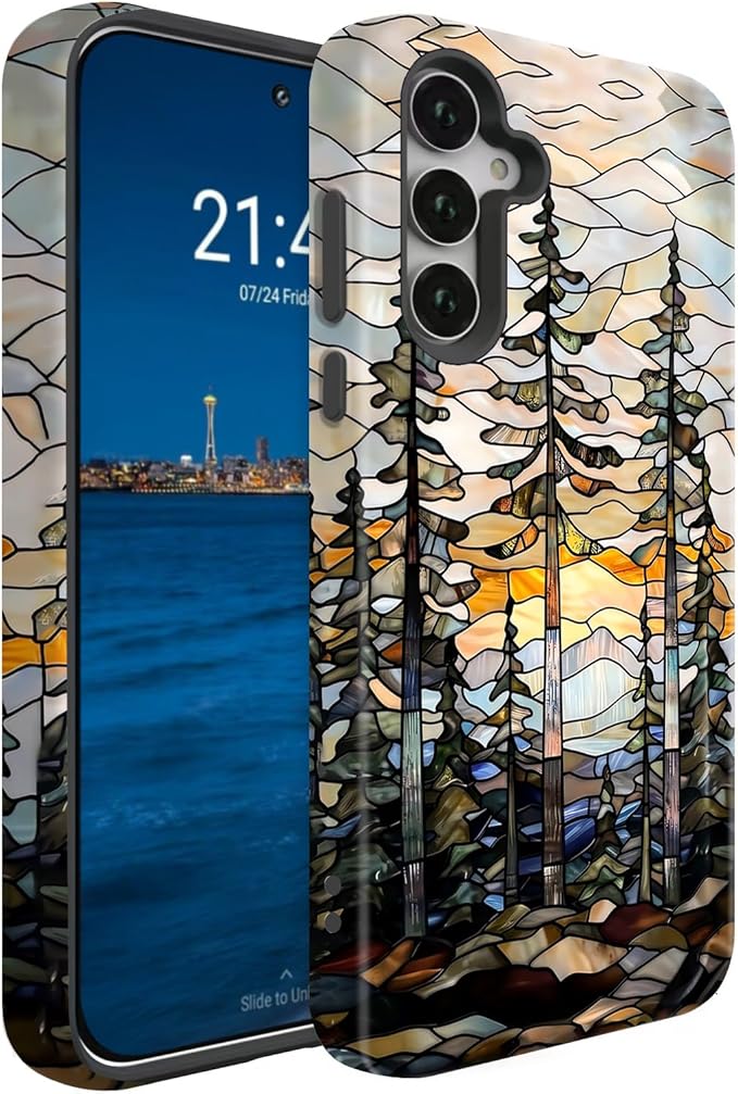 Compatible for Samsung Galaxy A36 5G Case, Dual Layer Heavy Duty 2 in 1 Shockproof Protective Phone Case,Stained Glass Forest and Sunset