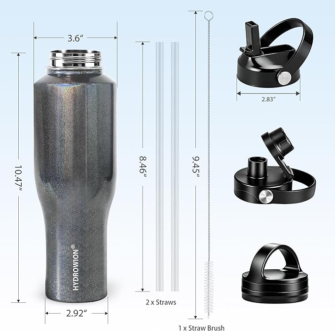 HYDROWION 40 oz Insulated Water Bottle with Straw fit in Car Cup Holder(Cold 48 hrs, Hot 24 hrs) Drinking Bottle with Straw Lid, Spout Lid and Flex Cap Leakproof Travel Thermo Mug，Laser Grey
