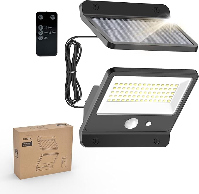 Philips Solar Security Light Outdoor LED 6500K, Solar-Powered Flood Light w/PIR Motion Sensor, Remote Control w/16ft Cable, IP65 Waterproof, 3 Modes (1)