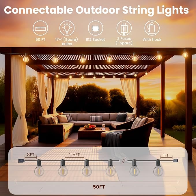 RTTY Outdoor String Lights 50 FT, Patio Light for Outside, Waterproof G40 Shatterproof LED Bulbs, Dimmable Hanging Connectable Globe Lighting for Backyard, Porch, Bistro, Balcony, Deck, Warm White