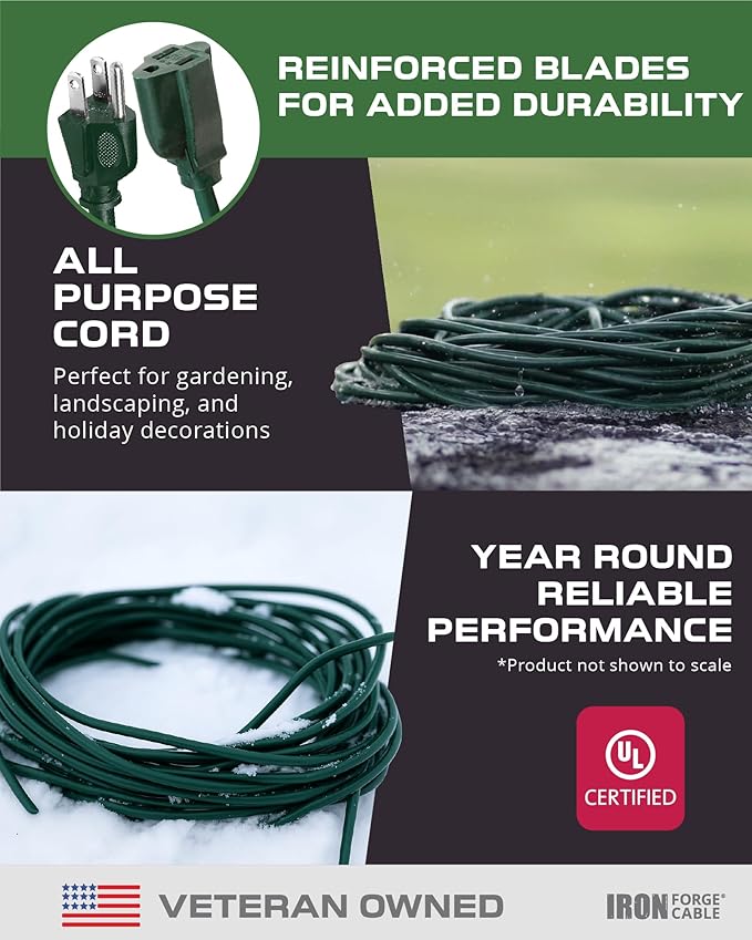 Iron Forge Cable Weatherproof 15 Ft Outdoor Extension Cord - 16/3 SJTW Heavy Duty Green Extension Cord 3 Prong - 13 Amp Exterior Power Cable