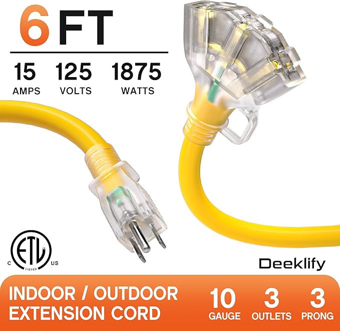 6 ft 10 Gauge Heavy Duty 3 Outlet Extension Cord Splitter with Indicator, Waterproof Outdoor Extension Cord with Multiple Outlets, 15A 1875W for Workshop, ETL Listed, Flexible Yellow SJTW