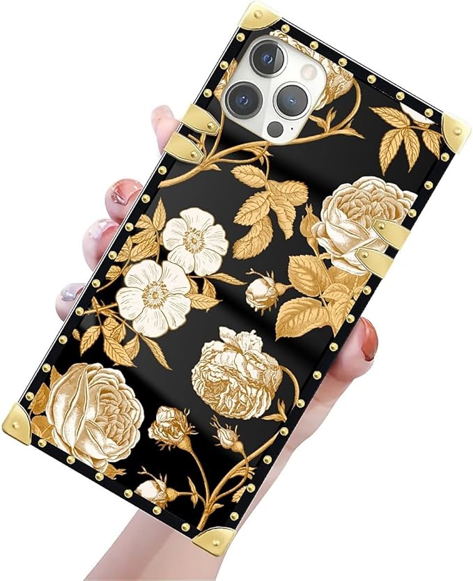 Compatible with iPhone 12 Pro Max Case, Blooming Rose Golden Flower Luxury Golden Decoration for Girl Women Soft TPU Shockproof Protective Hard PC Back for iPhone 12 Pro Max