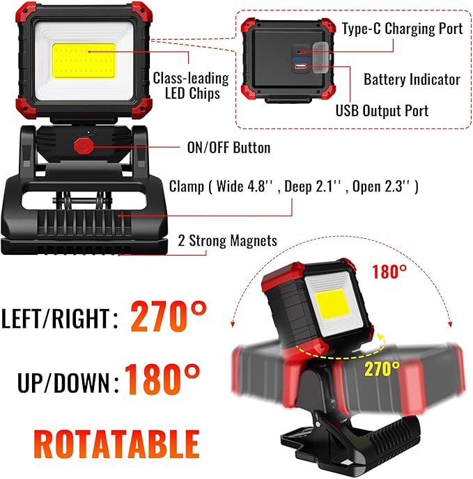 Easymaxx LED Rechargeable Work Light with Clamp, 2100LM COB Magnetic Clip on Worklight 270° Rotating with Mobile Charger, Portable Clamp Work Light for Boats, Car Repairing, Job Site Lighting
