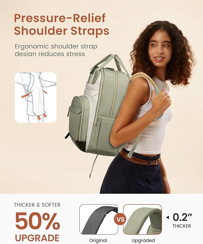 LOVEVOOK Laptop Backpack for Women with Giant Tumbler Holder Pocket,18.4 inch School College Book Bag Nurse Teacher Backpack,Work Travel Backpack Laptop Computer Bag,Olive green-Bean green-Kelp green