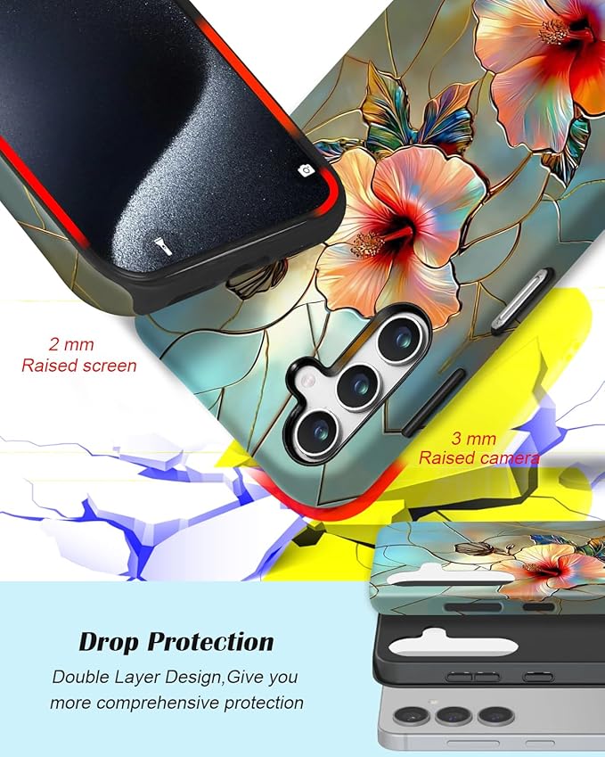 Compatible for Samsung Galaxy S26 Plus 5G Case, Dual Layer Heavy Duty 2 in 1 Shockproof Protective Phone Case,Stained Glass Floral Hibiscus