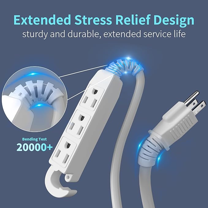 16/3 15 Ft 3 Outlet Extension Cord Outdoor Waterproof, White Extension Cords with Multiple Outlets, 3 Prong with Multi Outlet Outside 13A 1625W 16AWG, ETL Listed