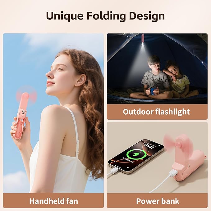 Mini Handheld Fan,USB Rechargeable 3 IN 1 Personal Cooler Fans with Power Bank,LED Flashlight,Small Foldable Pocket Portable Cooling Fan-Travel & Emergency Essentials for Outdoor,Pink