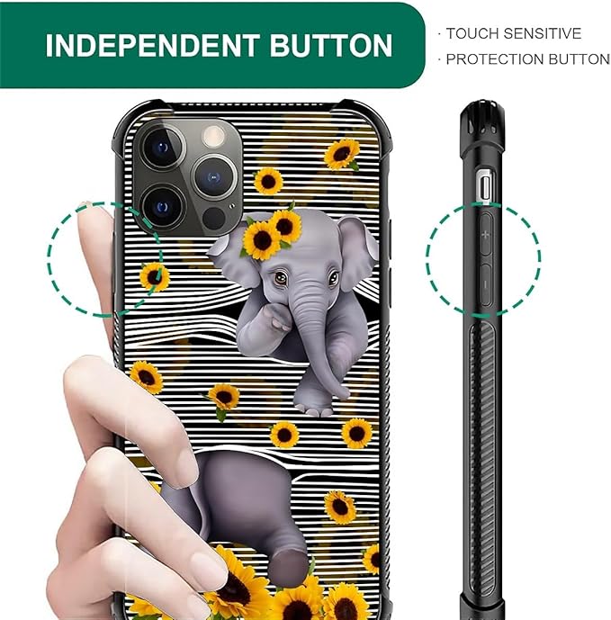 for iPhone 11 Pro Max Case, Cute Little Elephant Sunflower White Line Art Pattern Graphic Design Girl Boy Soft Silicone Hard Acrylic Shock Protection for iPhone 11 Pro Max