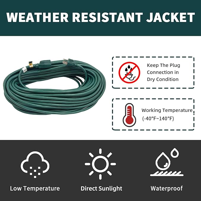 50FT Outdoor Extension Cord-16/3 SJTW Durable Green Extension Cable with 3 Prong Grounded Plug for Safety,Great for Outside Christmas Decorations