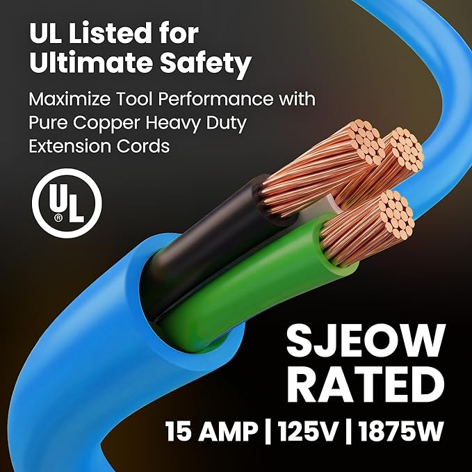 GEARit 100 Ft Extension Cords 12/3 Gauge Outdoor/Indoor Triple Outlet SJEOW 12 AWG 3 Prong Heavy Duty Power Cable 15A 125V 1875W for Lawn, Garden, Appliances Blue
