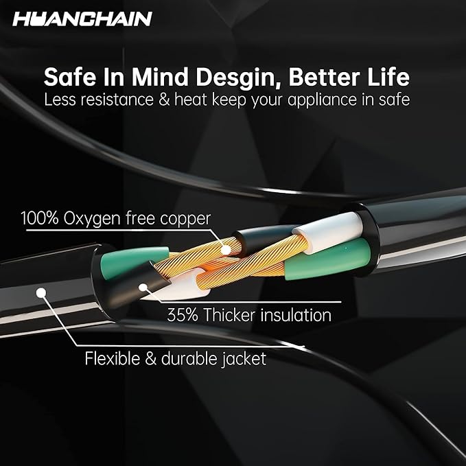 HUANCHAIN Indoor Outdoor Black Extension Cord 15 ft Waterproof, 16/3 Gauge Flexible Cold-Resistant Appliance Extension Cord Outside, 13A 1625W 16AWG SJTW, 3 Prong Electric Cable, ETL
