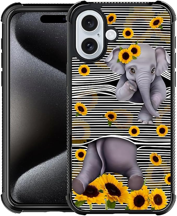 for iPhone 16 Case, Cute Little Elephant Sunflower White Line Art Pattern Graphic Design Girl Boy Soft Silicone Hard Acrylic Shock Protection for iPhone 16